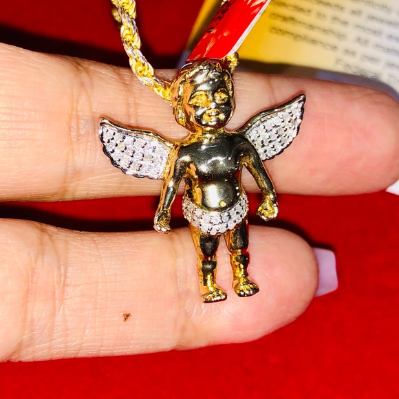 Real diamond angel pendant, not CZ not lab made, heavy angel with wing pendant - Picture 3 of 9